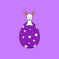 Cute rabbit character sitting above purple egg cartoon vector icon illustration