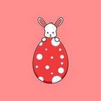 Cute rabbit character hiding behind egg cartoon vector icon illustration