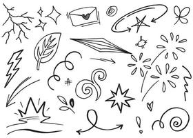 Abstract arrows, ribbons, crowns, hearts, explosions and other elements in hand drawn style for concept design. Doodle illustration. Vector template for decoration