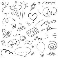 Abstract arrows, ribbons, crowns, hearts, explosions and other elements in hand drawn style for concept design. Doodle illustration. Vector template for decoration