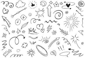 Abstract arrows, ribbons, crowns, hearts, explosions and other elements in hand drawn style for concept design. Doodle illustration. Vector template for decoration