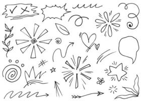 Abstract arrows, ribbons, crowns, hearts, explosions and other elements in hand drawn style for concept design. Doodle illustration. Vector template for decoration