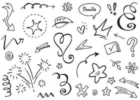 Abstract arrows, ribbons, crowns, hearts, explosions and other elements in hand drawn style for concept design. Doodle illustration. Vector template for decoration