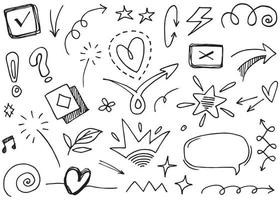 Abstract arrows, ribbons, crowns, hearts, explosions and other elements in hand drawn style for concept design. Doodle illustration. Vector template for decoration