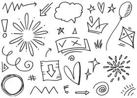 Abstract arrows, ribbons, crowns, hearts, explosions and other elements in hand drawn style for concept design. Doodle illustration. Vector template for decoration