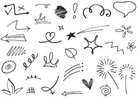 Abstract arrows, ribbons, crowns, hearts, explosions and other elements in hand drawn style for concept design. Doodle illustration. Vector template for decoration