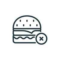 concepto de hamburguesa de prohibición con icono de esquema de señal de stop. icono de línea de alimentos prohibidos poco saludables. prohibición de comer aquí pictograma lineal. No permitas comida. ilustración vectorial aislada. vector