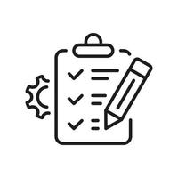 Gear, Clipboard, Pencil Project Setting Checklist Line Icon. Check List and Cog Wheel Management Plan Linear Pictogram. Control Document Outline Icon. Isolated Vector Illustration.