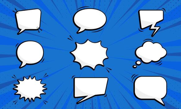 Retro Empty Comic Speech Bubbles Set for Dialog, Message. Funny Cartoon Speech Balloons with Halftone. Collection Empty Retro Bubbles for Chat, Text on Blue Background. Isolated Vector Illustration.