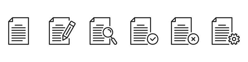 Paper Document Line Icons Set. File and Paper Pages Collection. Black Business Documents Symbol with Pencil, Gear, Magnifier Outline Icons. Isolated Vector Illustration.