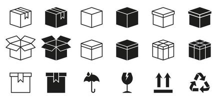 conjunto de iconos de línea y silueta de cajas de cartón. paquete con símbolo de reciclaje, vidrio, pictograma frágil. icono de colección de paquetes abiertos y cerrados. ilustración vectorial aislada. vector