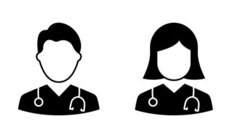 icono de silueta de médicos de hombre y mujer. dos asistentes médicos profesionales con icono negro de estetoscopio. pictograma especialista en médicos masculinos y femeninos. ilustración vectorial aislada. vector