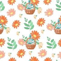 Seamless pattern with a bunny in a basket and flowers. vector