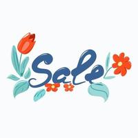 Spring discount inscription with red tulips around. vector