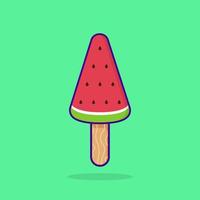 Watermelon Popsicle on Stick. Fruit Ice Cream on Green Background. Sweet Frozen Cute Ice Cream on Stick in Cartoon Style. Isolated Vector Illustration.