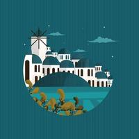 noche santorini grecia mar egeo vacaciones viajes gira círculo emblema vector