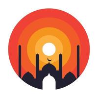 Mezquita con el símbolo del logotipo de la puesta de sol abstracto icono de vector ilustración diseño gráfico