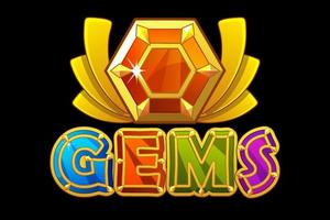 logotipo de gemas y piedra de joya de icono de premio. gema hexagonal e inscripción de diamantes. vector