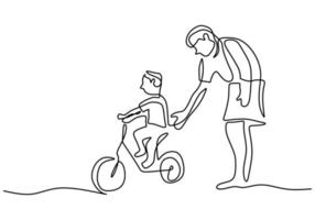 One continuous single line of father accompany his son playing bicycle vector