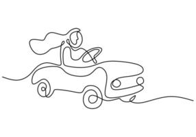 One continuous single line of girl riding classic car vector