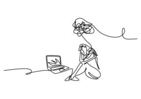 One continuous single line of sad woman sitting in front laptop vector