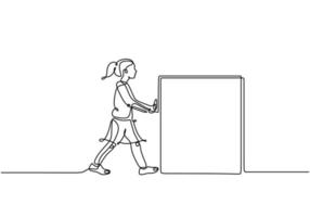 One single line drawing of girl move box by herself. vector