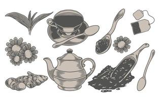 Set hand drawn elements in minimalist style of teapot and herbal tea vector