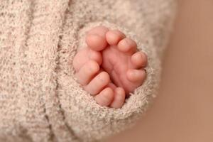 Soft newborn baby feet against a brown blanket photo