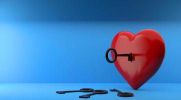 Valentines Day background, romantics wallpaper for love day. a heart with a key. copy space. 3D image, 3D rendering photo