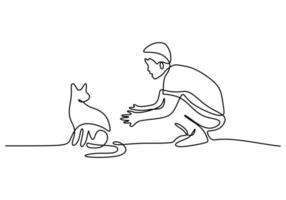 One continuous single line of little boy playing with cute cat vector