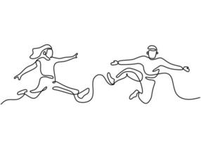 One continuous single line of two happy man and girl jumping together vector