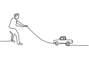 One continuous single line of little boy pulling his truck toy vector