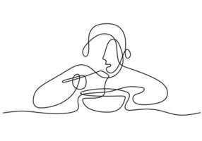 One continuous single line man or girl eating noodle with chopsticks vector