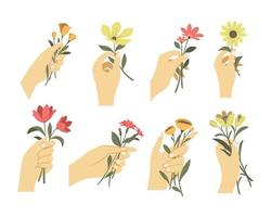 Woman hands in different gestures holding bouquets or branches vector