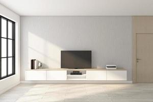 habitación minimalista con mueble de televisión y pared gris, suelo de madera. representación 3d foto