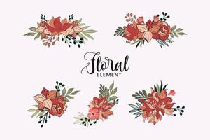 conjunto floral con hojas y flores, elementos para tus composiciones tarjetas de boda vector