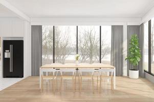 Minimalist dining room with wood floor. 3d rendering photo