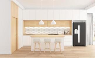 Minimalist kitchen room with white furniture and wood floor. 3d rendering photo