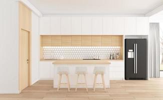 Minimalist kitchen room with white furniture and wood floor. 3d rendering photo