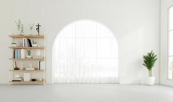 Minimal empty room with arched window and white wall, bookshelf. 3D rendering photo