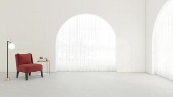 Empty room with arched window and white wall, luxury armchair and side table, floor lamp. 3D rendering