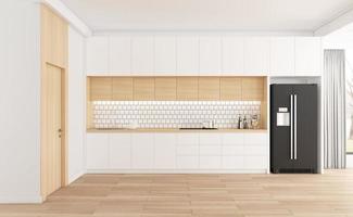 Minimalist kitchen room with white furniture and wood floor. 3d rendering photo