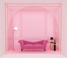 Luxurious pink living room with pink sofa and light pink wall cornices. 3D rendering photo