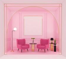 lujosa sala de estar rosa con sillones rosas y cornisas de pared rosa claro, mesa auxiliar y lámpara de pie. representación 3d foto