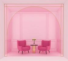 Luxurious pink living room with pink armchairs and light pink wall cornices. 3D rendering photo