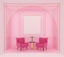 Luxurious pink living room with pink armchairs and light pink wall cornices. 3D rendering photo