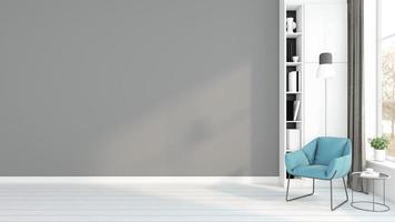 Minimalist empty room with gray wall and bookshelf , armchair and side table. 3d rendering photo