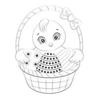 Cute Easter chicken with eggs. Happy Easter. Fun character. Cartoon style. Coloring book. Vector illustration. Isolated on white. Monochrome image.