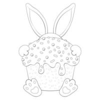 Cute bunny with easter cake. Happy Easter. Fun character. Outline. Coloring book. Vector illustration. Isolated on white. Monochrome image.