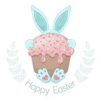 Cute bunny with easter cake.. Happy Easter. Fun character. Cartoon style. Spring greeting card. Vector illustration. Isolated on white.